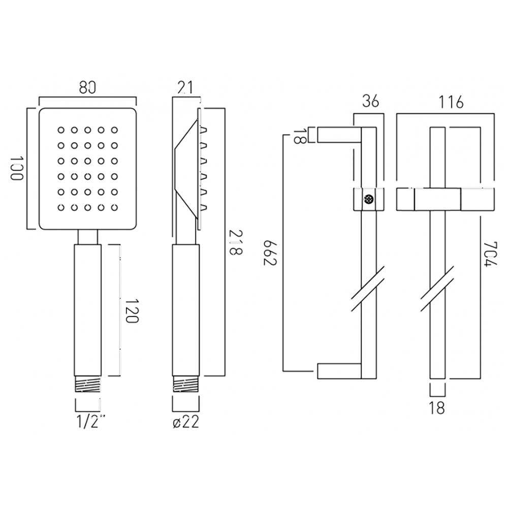 Vado Aquablade Slide Rail Kit with Slimline Square Handset