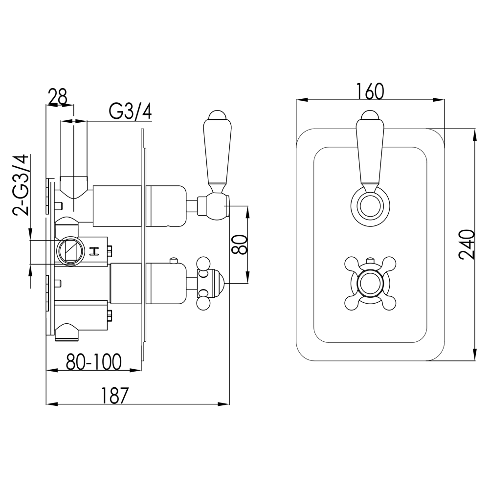 Butler & Rose Caledonia Lever 2 Outlet 2 Control Concealed Thermostatic Shower Valve