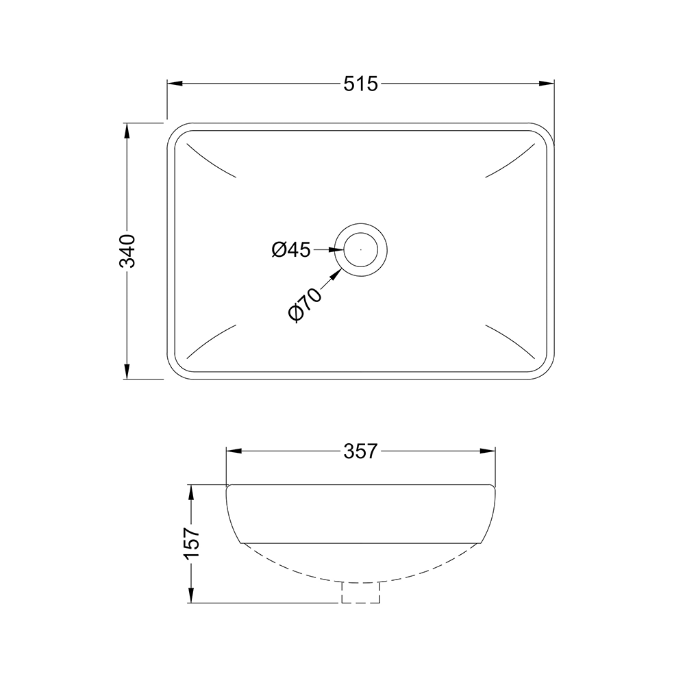 Hudson Reed 520mm Rectangular Countertop Basin