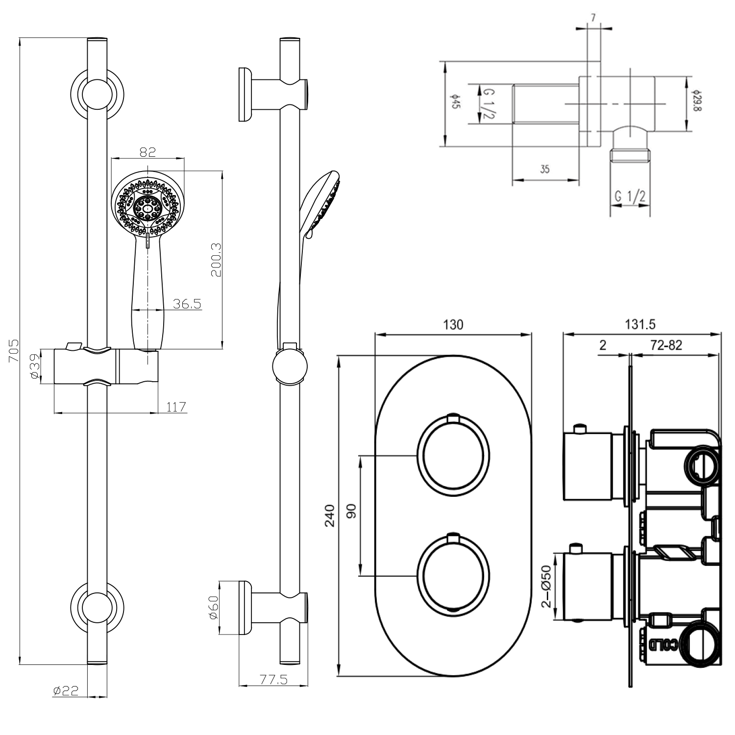 Orla Concealed Shower Valve, Fixed Head & Slide Rail Kit