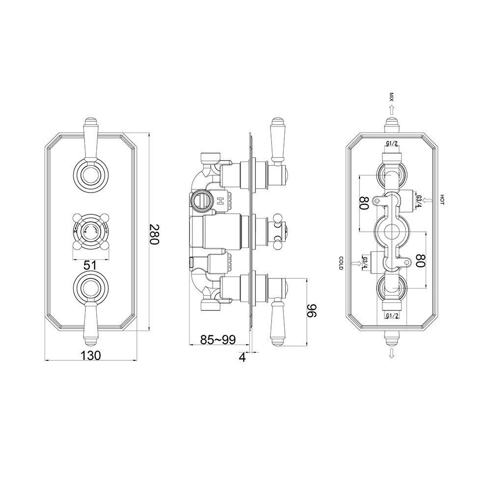 Butler & Rose Victoria Traditional 2 Outlet Triple Concealed Thermostatic Shower Valve