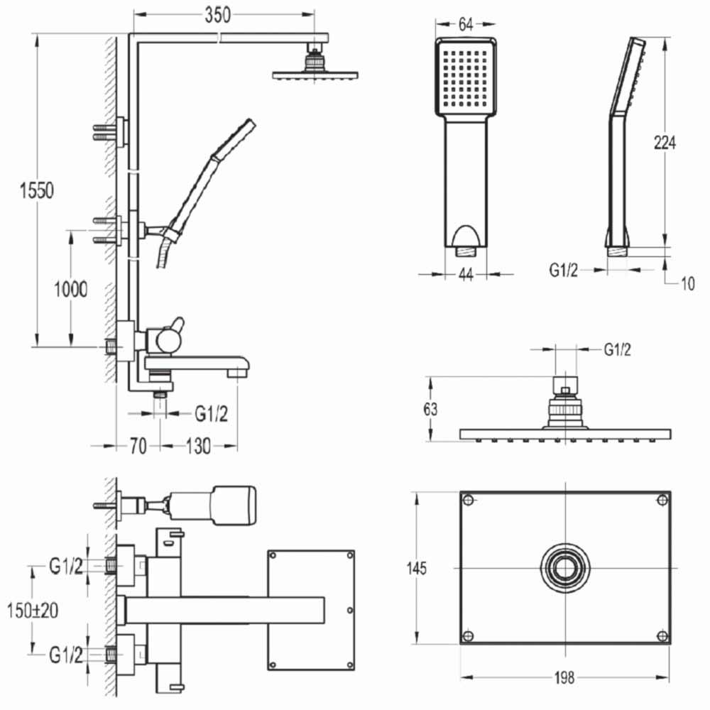 Flova Essence Thermostatic Shower Column with Handset, Overhead Shower & Diverter Bath Spout
