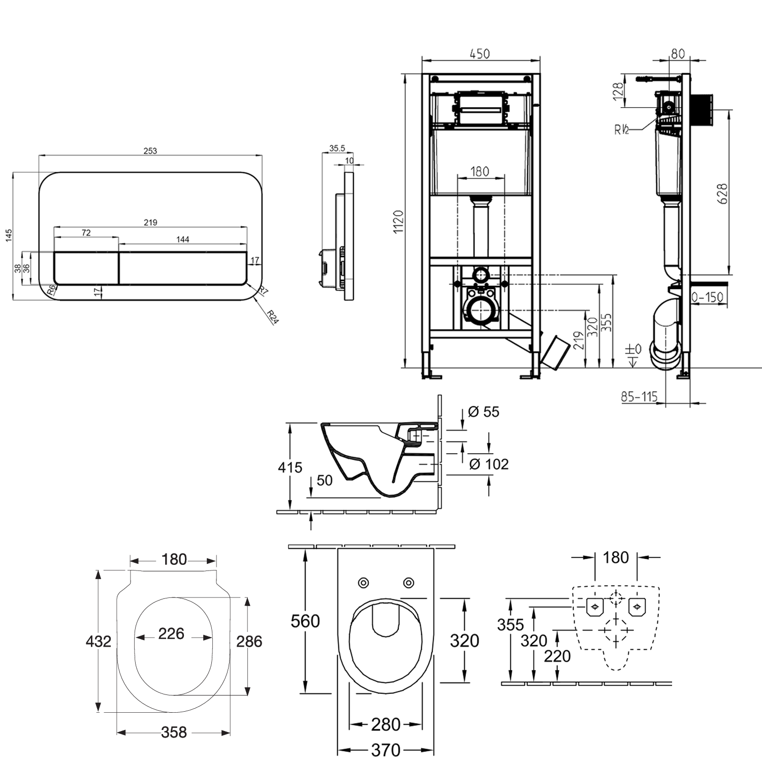 Villeroy & Boch ViConnect Pro 2.0 Frame with Subway 2.0 Rimless Wall Mounted Toilet, Flush Plate & Soft Close Toilet Seat