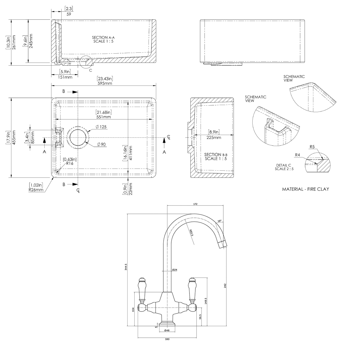 Butler & Rose Belfast Butler Kitchen Sink with Victoria Kitchen Tap & Basket Strainer Waste