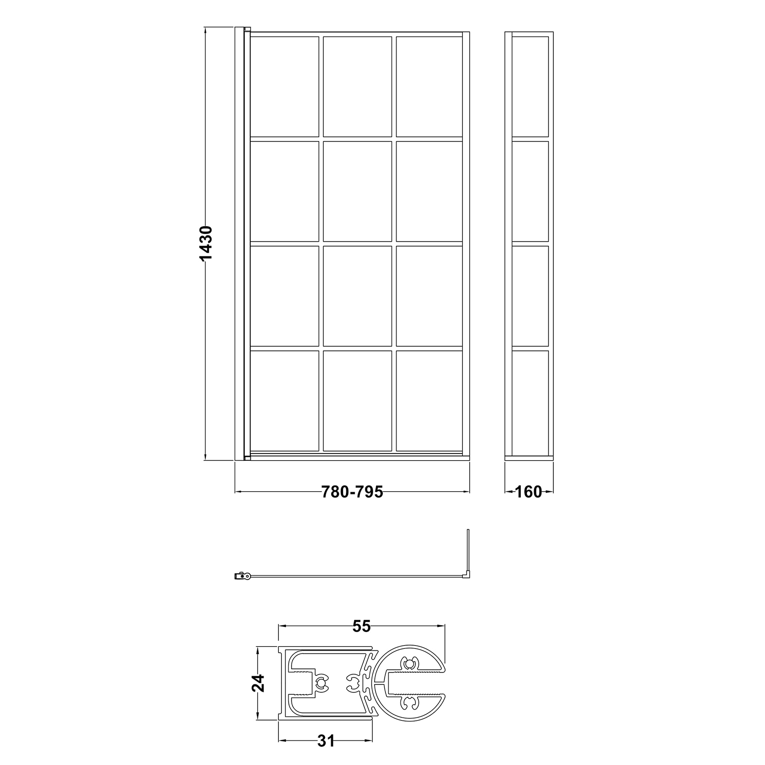 Vellamo City 6mm Matt Black Framed Hinged Bath Screen With Fixed Return - 1430 x 780mm