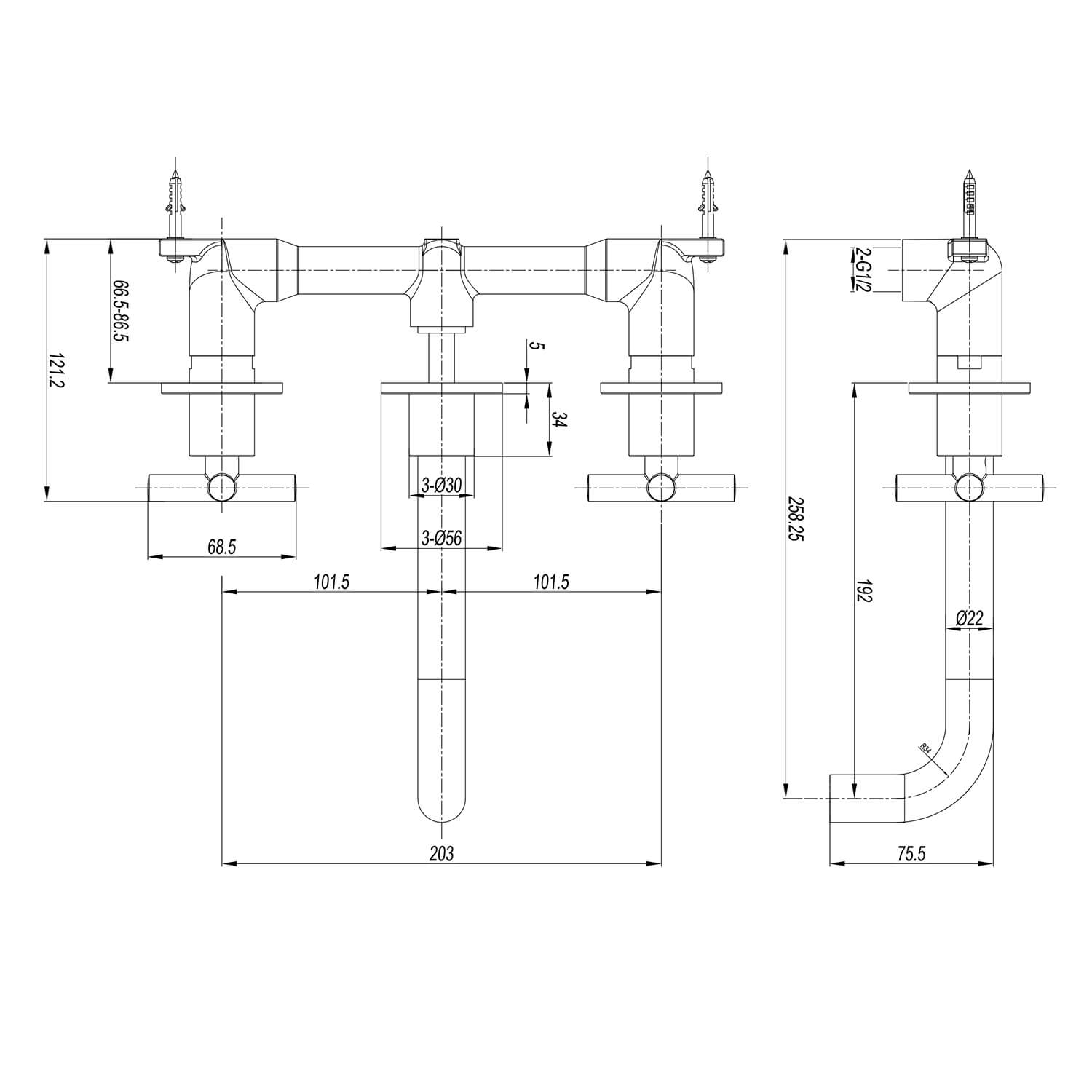 Crosswater MPRO 3 Hole Wall Mounted Basin Mixer Tap with Crosshead Handles
