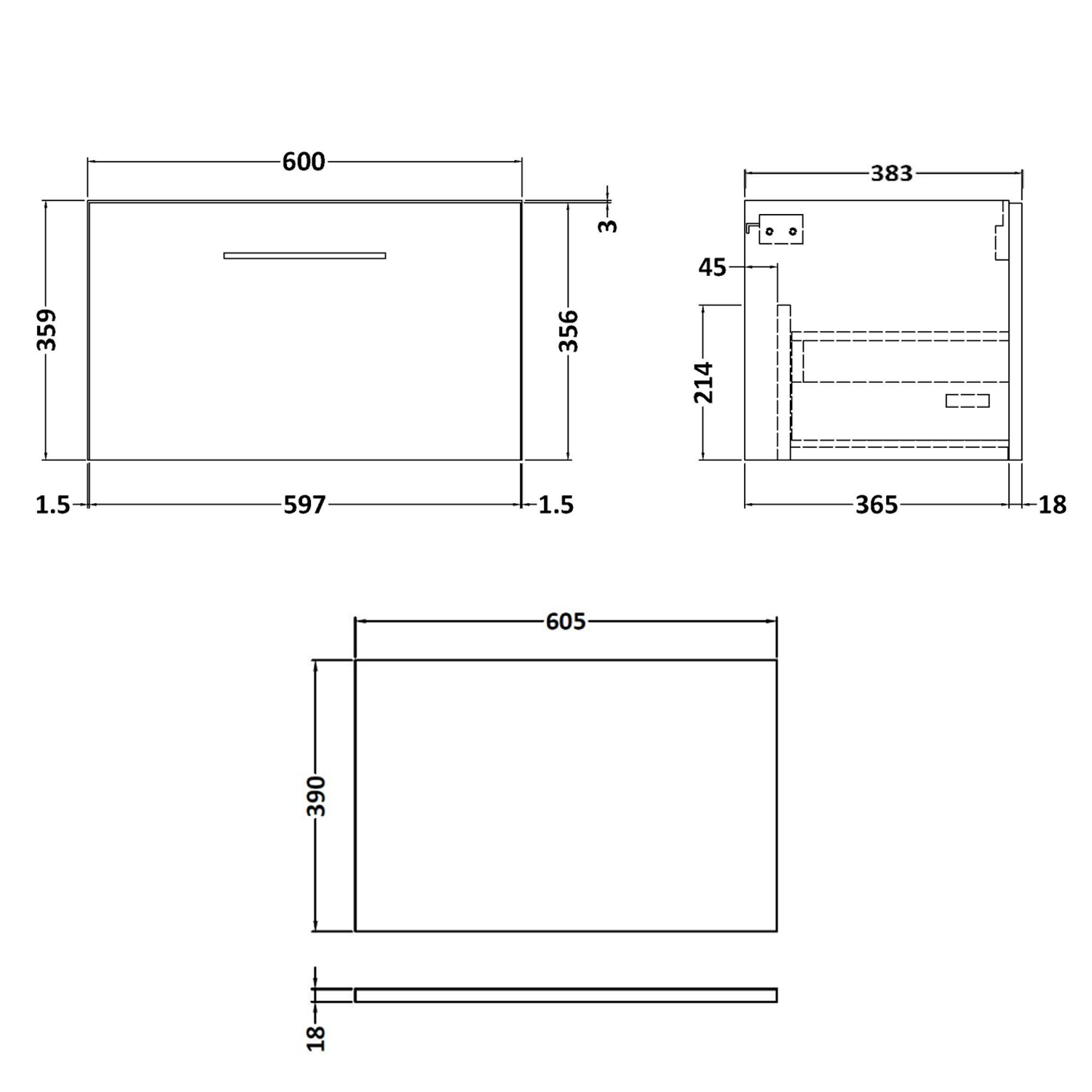 Erin 600mm Wall Mounted 1 Drawer Vanity Unit & Countertop