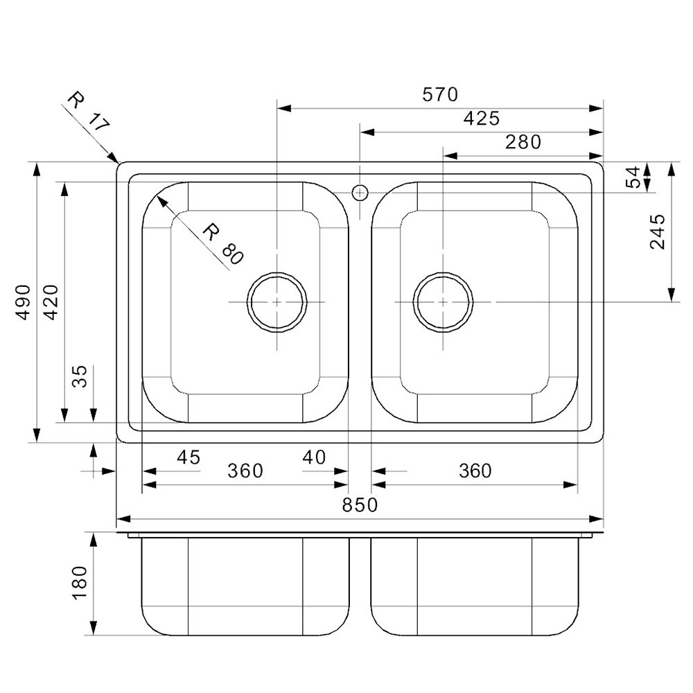 Reginox Centurio Double Bowl Stainless Steel Undermount or Flush Kitchen Sink & Waste - 850 x 490mm