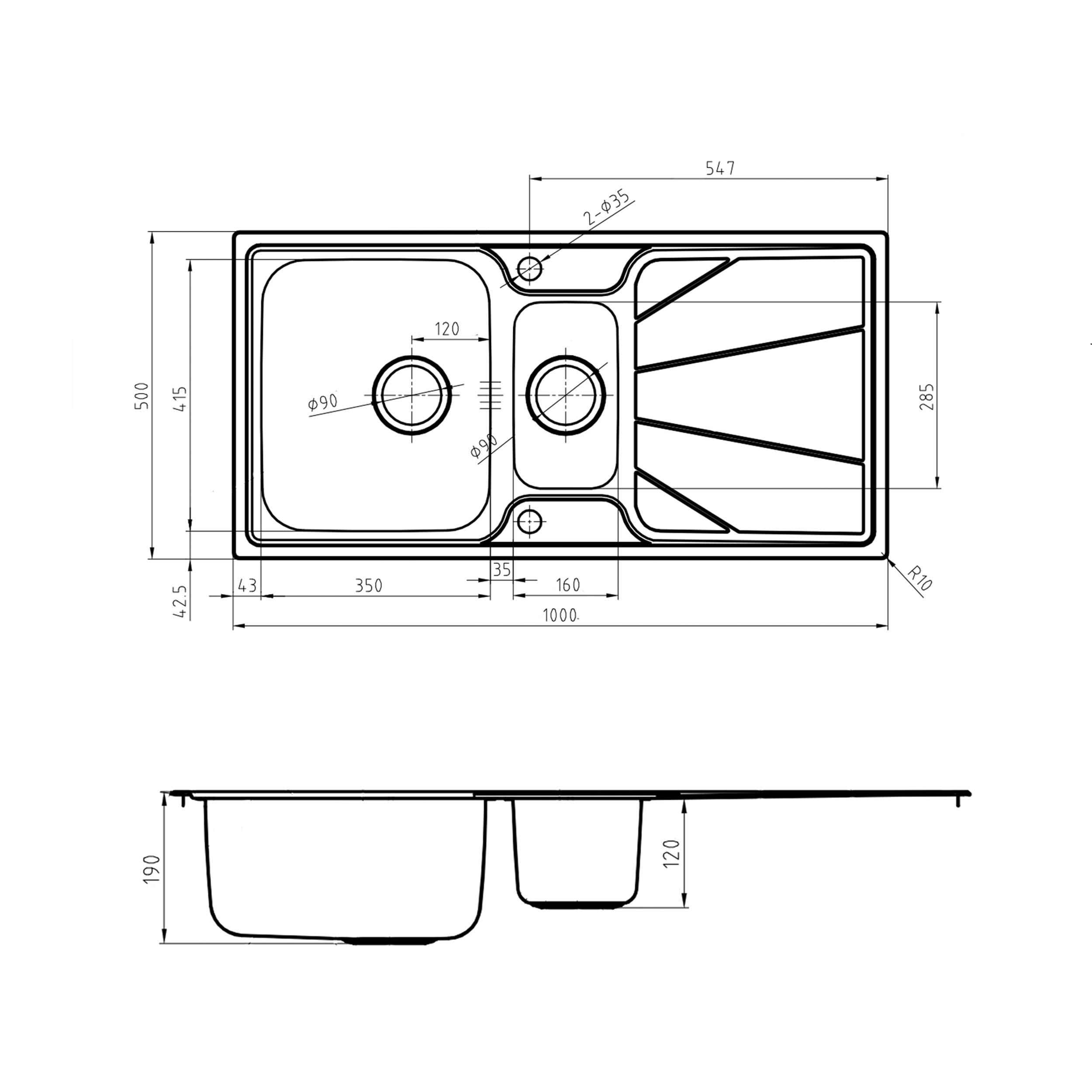 Leisure Nimbus 1.5 Bowl Stainless Steel Kitchen Sink with Reversible Drainer - 1000 x 500mm
