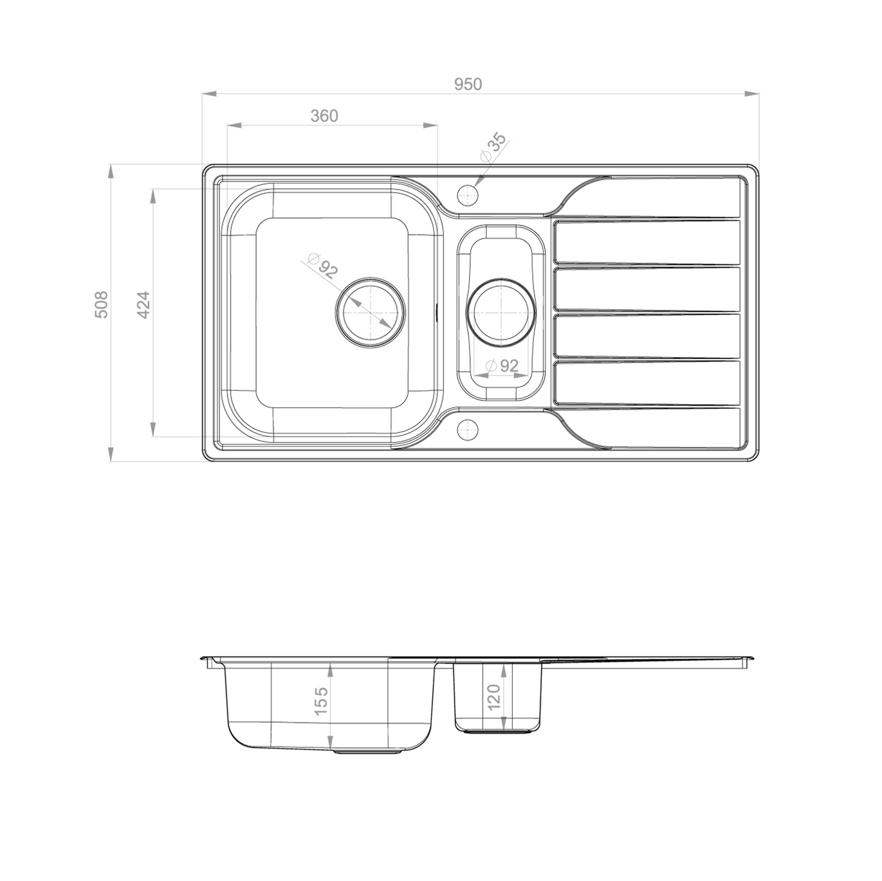 Leisure Albion 1.5 Bowl Stainless Steel Kitchen Sink with Reversible Drainer - 950 x 508mm