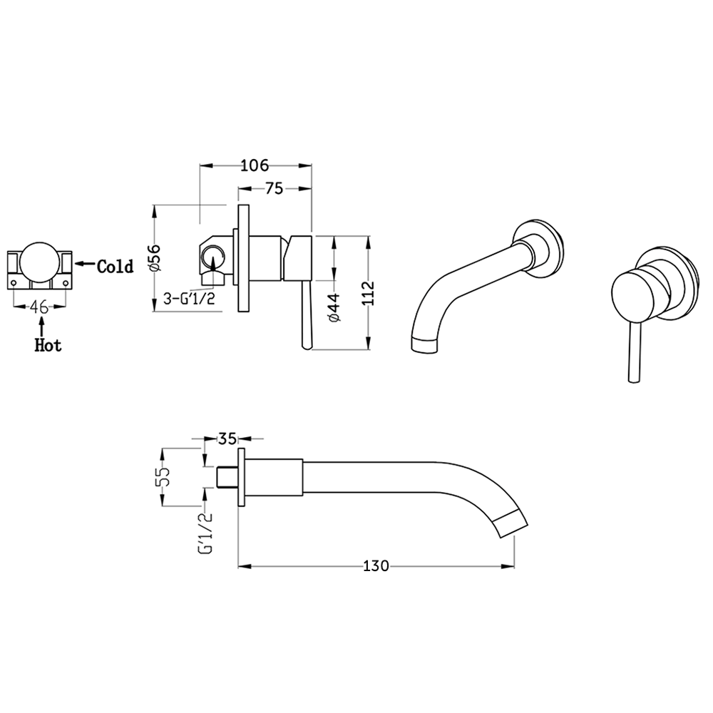 Vellamo Twist Brushed Brass Wall Mounted Basin Mixer Tap